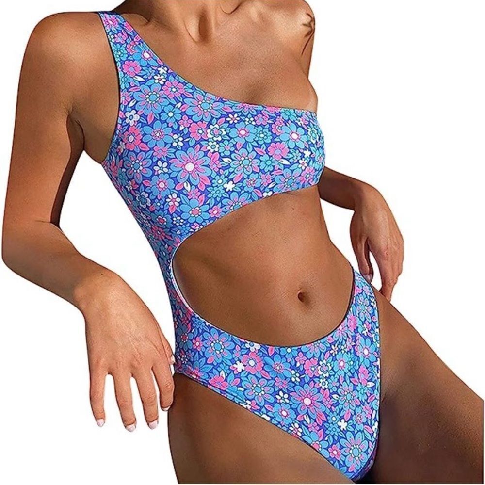 Frankie’s bikinis rare print blue & pink floral one shoulder monokini/one piece